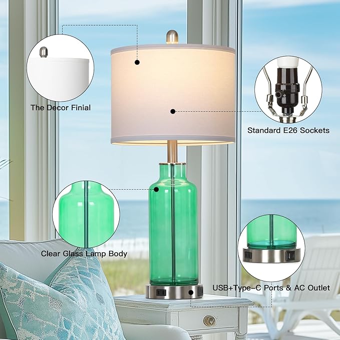26.5" Coastal Green Glass Table Lamps Set of 2, 3-Way Dimmable Touch Control Bedside Lamps with USB Ports and AC Outlet, Teal Nightstand Lamps for Bedroom Living Room - Bloomnest