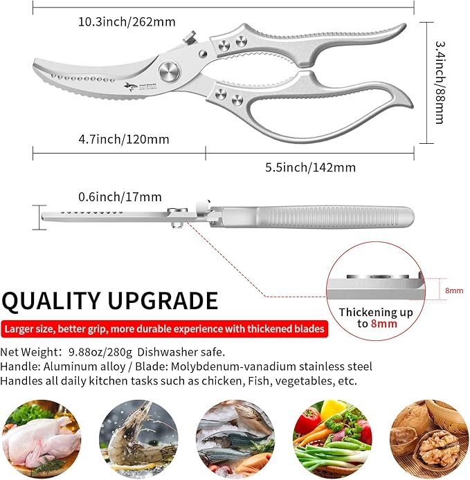 MAD SHARK Heavy Duty Poultry Shears, Kitchen Shears with Non-Slip Handle & Safety Lock, All Purpose Kitchen Scissors for Chicken, Meat Cutting, Turkey, Fish, Vegetables, Spring Loaded, Dishwasher Safe - Bloomnest