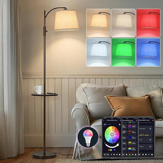 AIDENOEY Smart Floor Lamp with Side Table | Stepless Dimming, RGB Multi-Color | Adjustable Swivel Head | Voice Control with Alexa & Google Assistant |Brown Lamp for Living Room,Bedroom,Home Office - Bloomnest