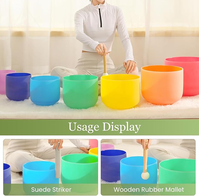 432HZ 6-12 Inch 7 Pcs Colored Frosted Crystal Singing Bowl Set for Meditation Healing Yoga Chakra Quartz Crystal Sound Bowls with Heavy Duty Carry Cases and Rubber Mallet,Suede Striker,O-rings - Bloomnest