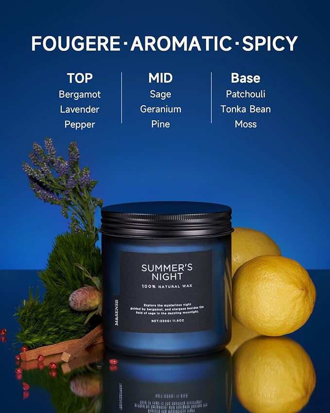 M&SENSE Summer's Night Scented Candle, 11.6oz Natural Soy Wax Clean Non Toxic for Home, Medium 2 Wick Gifts for Men, Up to 70 Hours Burn Time, Manly Candles for Bedroom - Bloomnest
