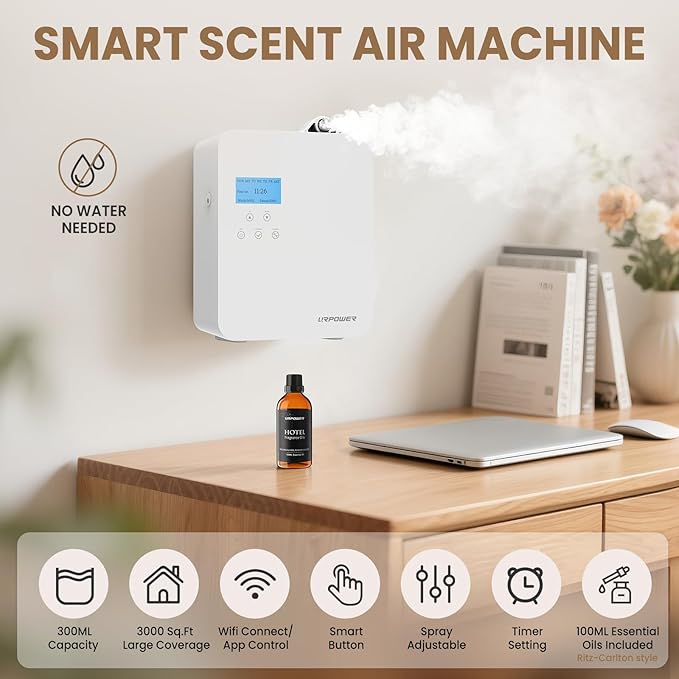 URPOWER 300ml Waterless Nebulizing Scent Diffuser Up to 3000 Sq Ft, Smart APP Control HVAC/Wall Cold-Air Aromatherapy Machine with Lockable Oil Bottle for Home/Office/Hotel Starter Oil Included - Bloomnest