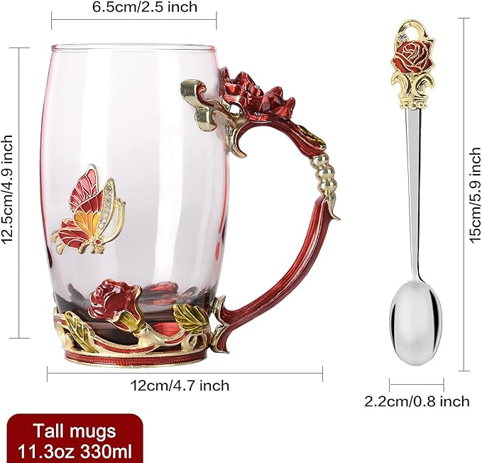 Glass Coffee Mugs Flower Butterfly Tea Cup with Spoon and Box, Personalized Gifts for Mothers Day Gift, Women, Wife and Girlfriends (11oz) - Bloomnest