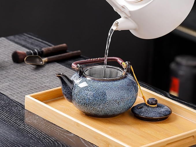Traditional Japanese tea set, Kiln altered glaze Porcelain tea set with 1 teapot (23.5oz/700ml), 6 teacups (4oz/120ml), 1 Tea Tray,Japanese teapot set, Asian tea sets (Kiln altered Blue) - Bloomnest