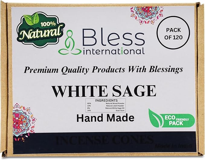 Bless-International White Sage 100%-Natural-Incense-Cones Handmade-Hand-Dipped Organic-Chemicals-Free for-Purification-Relaxation-Positivity-Yoga-Meditation The-Best-scents (120 Count) BlessInternational