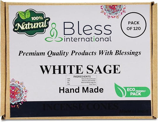 Bless-International White Sage 100%-Natural-Incense-Cones Handmade-Hand-Dipped Organic-Chemicals-Free for-Purification-Relaxation-Positivity-Yoga-Meditation The-Best-scents (120 Count) BlessInternational