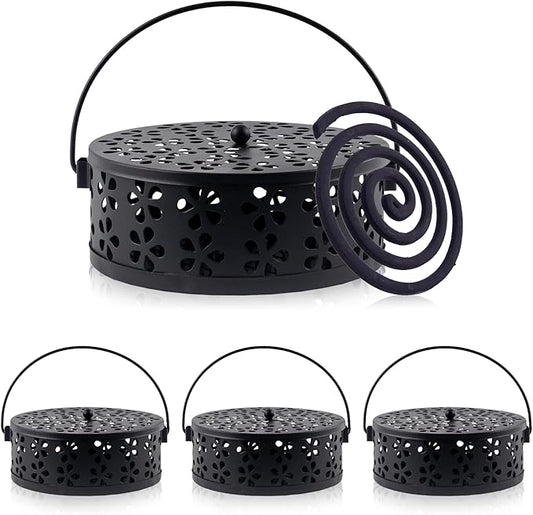 4 Pcs Mosquito Coil Holder Incense Coil Holder, Retro Iron Portable Hanging Outdoor Incense Burner Holder with Handle Round Metal Incense Holder for Home Camping Indoor Outdoor Patio (Black) - Bloomnest