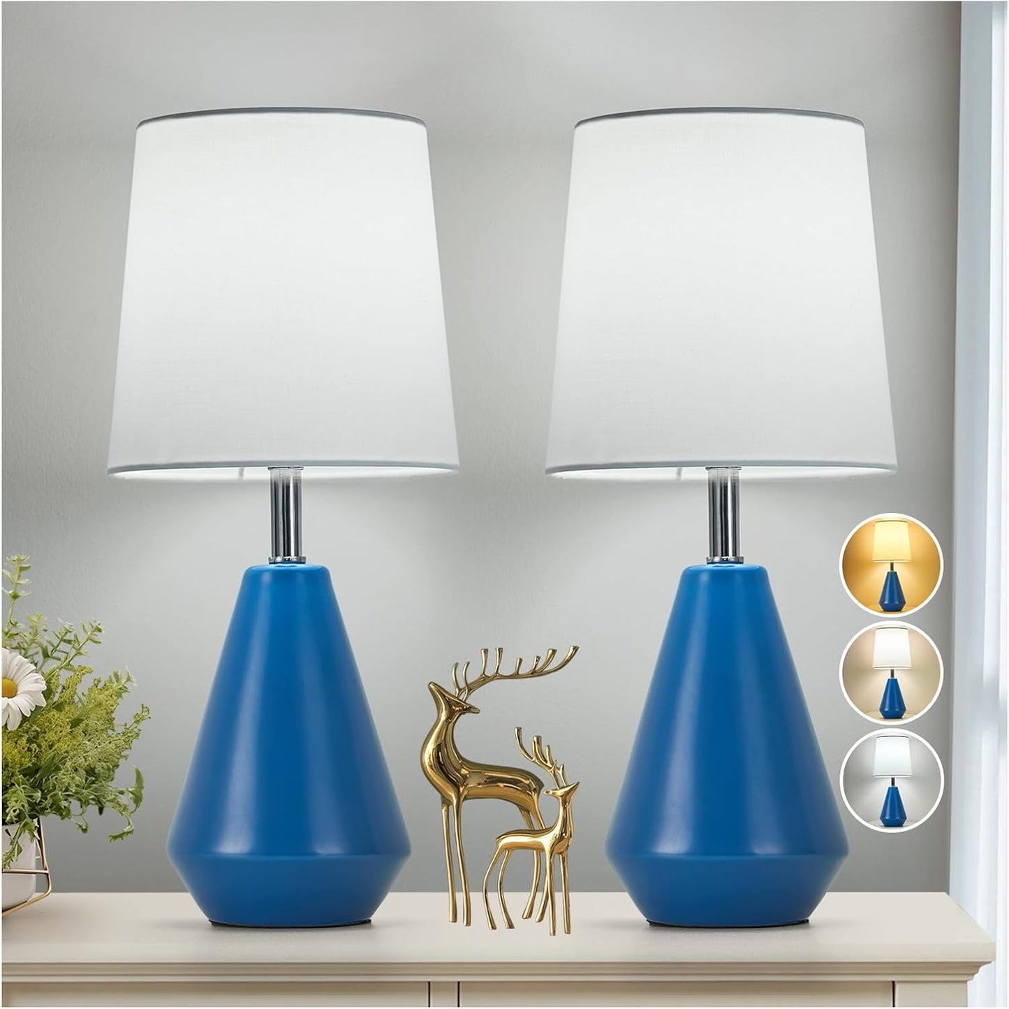Small Bedside Table Lamp for Bedroom-Reading Desk Lamp Set of 2,with 3 Color Temperatures,15.5" Nightstand Ceramic Lamp with Fabric Shade for Kids Room,Living Room,Dorm,Home Office(Blue+White)