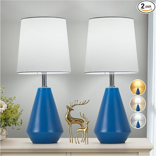 Small Bedside Table Lamp for Bedroom-Reading Desk Lamp Set of 2,with 3 Color Temperatures,15.5" Nightstand Ceramic Lamp with Fabric Shade for Kids Room,Living Room,Dorm,Home Office(Blue+White) - Bloomnest