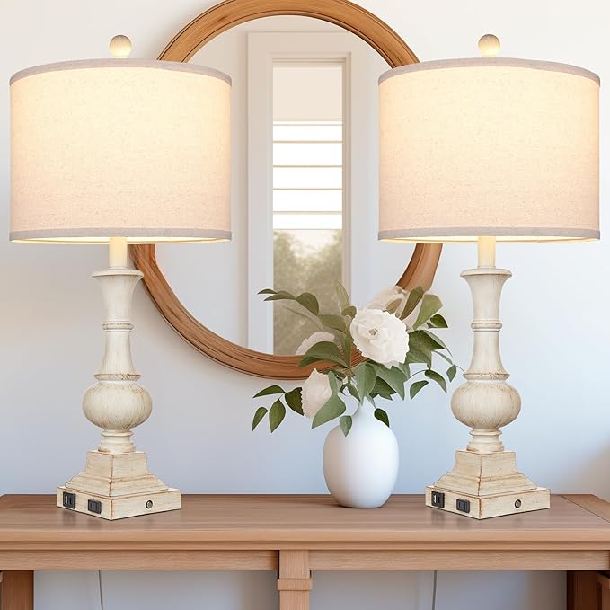 26" Farmhouse Table Lamps Set of 2, Rustic Touch Control Bedside Lamps with 2 USB Ports & AC Outlet, Vintage White Resin 3-Way Dimmable Nightstand Lamp Linen Fabric Shade for Living Room Bedroom Decor - Bloomnest