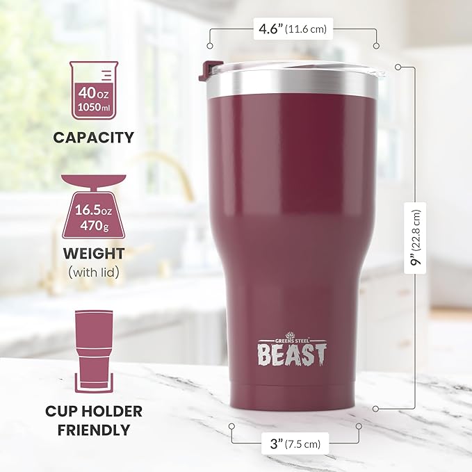 Beast 40 oz Tumbler Stainless Steel Vacuum Insulated Coffee Ice Cup Double Wall Travel Flask (Cranberry Red) - Bloomnest