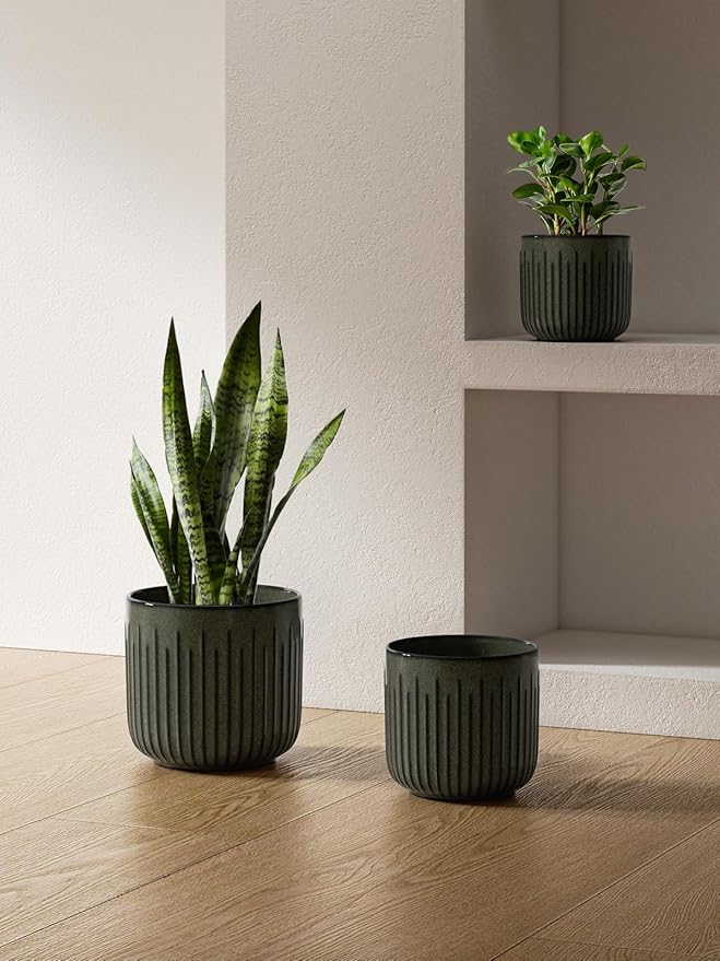 LE TAUCI Fluted Ceramic Planters Set of 3 – 8.3/7 / 5.7 in Dark Olive Reactive Cylinder Indoor Plant Pots with Drainage Plug & Mesh, Glossy Stoneware Flower Pots for Succulents Herbs - Bloomnest