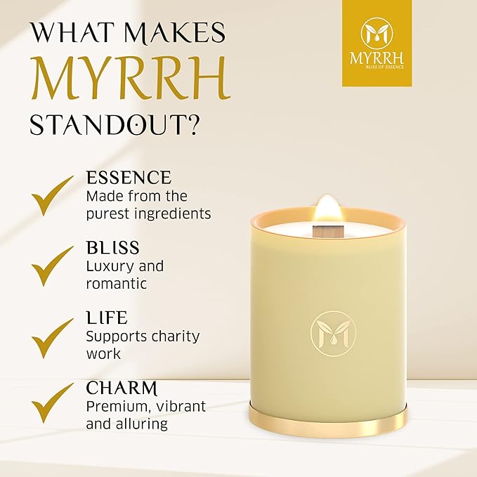 MyrrhUSA Arabian Jasmine Scented Candle – 15oz Natural Soy Wax with Crackling Wooden Wick & Essential Oil | 80 Hour Burn | Luxury Aromatherapy Candle for Relaxation, Home Décor, Living Room & Bathroom - Bloomnest