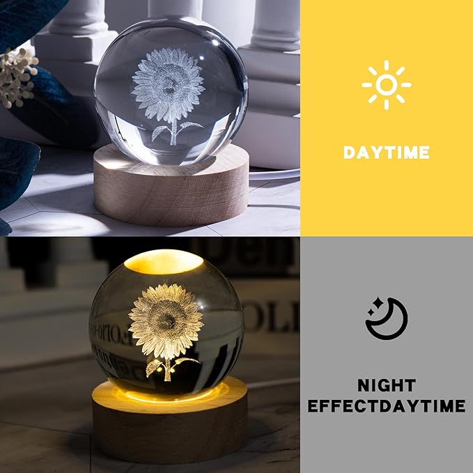 3D Laser Etched Sunflower Crystal Ball, Sunflower Decor Glass Sphere Lamp Night Light, Crystal Flower Figurines Collectibles Gifts for Mom Women Girls - Bloomnest