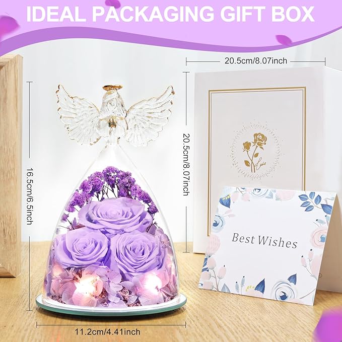 Valentines Day Gifts for Women Preserved Flower Rose, Forever Eternal Flowers in Glass Angel Figurines Real Purple Roses for Delivery Prime for Grandma Mom Sister Her Wife for Mothers Day Birthday - Bloomnest