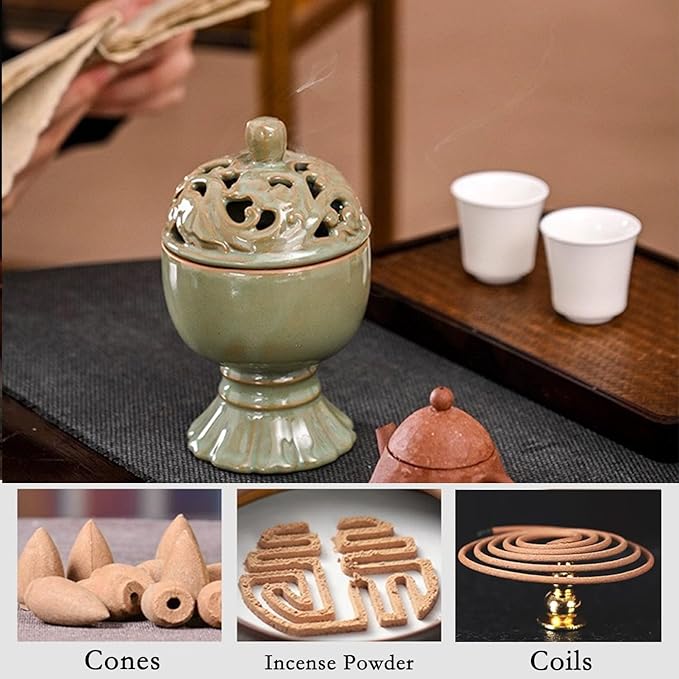 Ceramic Incense Burner with Lid,Boshan Incense Cone Holder for Coil Incense and Powder Incense,Mediation Gift,Home Decor (Green) - Bloomnest
