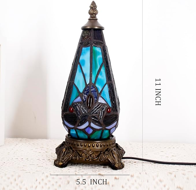 Small Tiffany Lamp Stained Glass Table Lamp 5.5X11 Inch Christmas Tree Lighthouse Mini Accent Memory Sympathy Antique Night Light for Bedroom Living Room (Green Liaison)