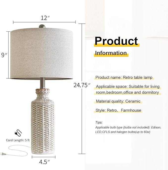 24.75'' Farmhouse Ceramic Table Lamp Set of 2 for Bedroom Living Room Vintage Traditional Rustic Modern White Nightstand Bedside Lamps - Bloomnest