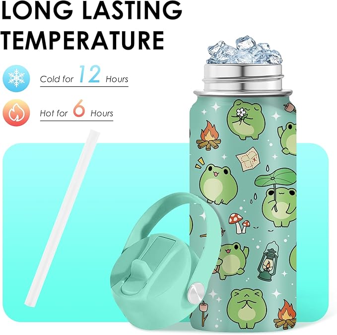 Frog Gifts for Kids - 16oz Cute Green Frog Water Bottle with Straw Lid, Stainless Steel Insulated Tumbler, Leakproof, BPA-Free, for Boys & Girls, School - Animal Frogs Lovers Birthday Gift Cup (1pc) - Bloomnest