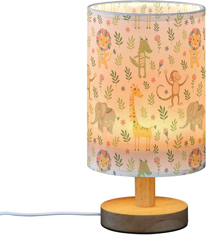 Jungle Animal Pattern Table Lamp with Wood Base and Fabric Shade for Living Room, Bedroom or Kids Room - Bloomnest