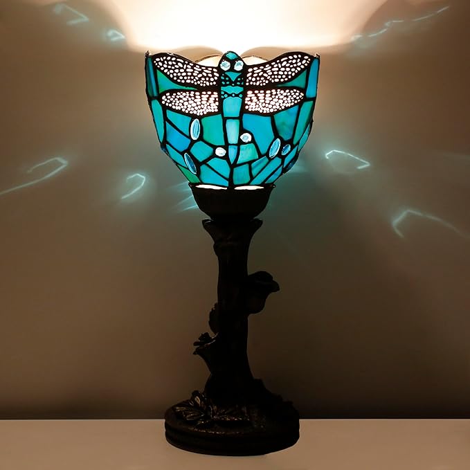 Small Tiffany Lamp Stained Glass Table Lamp Desk Uplight 6X6X13.5 Inch for Bedroom Bedside Office (Green Dragonfly) - Bloomnest