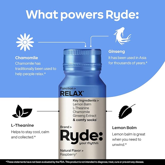 Ryde: Relax Shot | Raspberry Flavor | Lemon Balm, L-Theanine, Ginseng & Chamomile | 0 Calories, 0 Sugar | 2 FL OZ Shots | Helps You Relax* (8 Pack) - Bloomnest