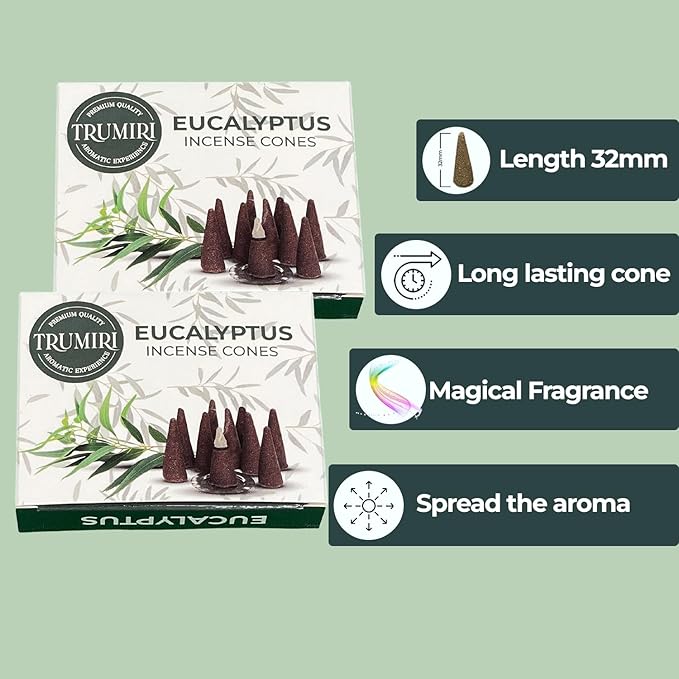 TRUMIRI Eucalyptus Incense Cones - Total 20 Cone Incense - Dual Pack of 10 Insence Cones - Incense Cones Scented - Cone Incense Scents - Insense Cones - Incent Cone TRUMIRI