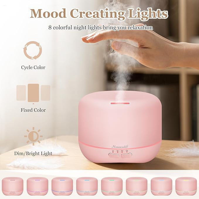 Aromatherapy Essential Oil Diffuser for Room: 500ml Colorful Aroma Air Humidifier with Adjustable Cool Mist Mode, Waterless Auto Off Ultrasonic Diffusers for Large Room Home Office(Pink) - Bloomnest