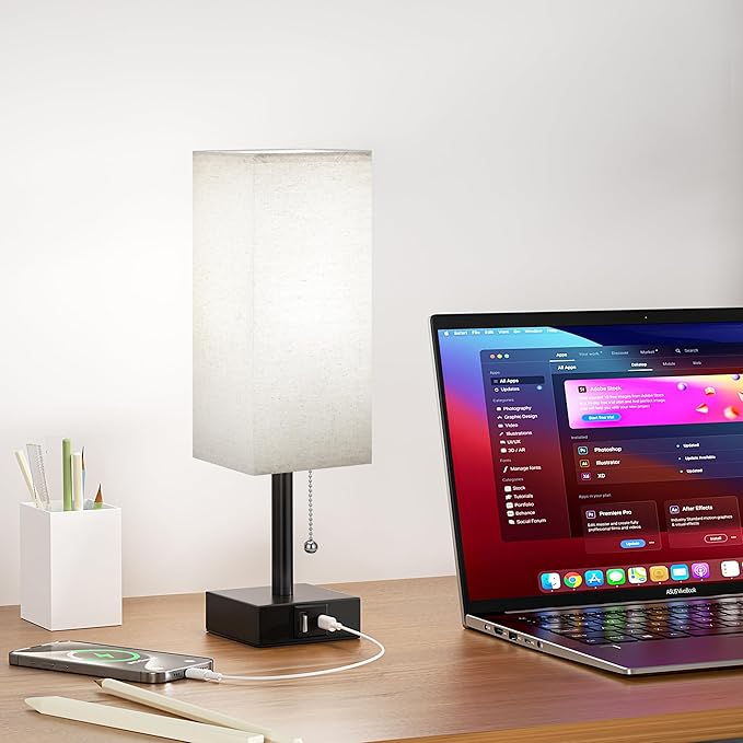 Small Linen Bedroom Lamp - 3 Color Temperature 3000K 5000K 4000K Bedside Lamp, Pull Chain Control, USB A and C Charging Ports, Black Base, for Kids Office Dorm, Bulb Included - Bloomnest