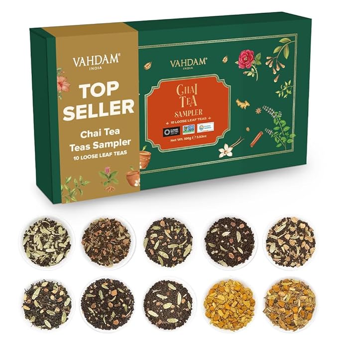 VAHDAM, Assorted Chai Tea Loose Leaf Tea Gift Set (10 Flavors) Gift Ideas for Women & Men | Indian Exotic Chai Tea Blends | Resealable Ziplock Pouch | Gifts for Him/Her - Bloomnest
