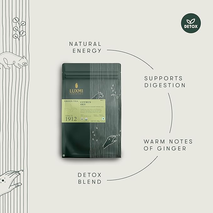 Luxmi Estates Citrus Sky Lemongrass Ginger Green Tea 200g Loose Leaf Pack | Certified Organic Darjeeling Green Tea | Citrus Flavor & Aroma | Natural Lemon Balm Tea - Calming, Supports Digestion | Lemon Grass Leaves | 100 Cups - Bloomnest