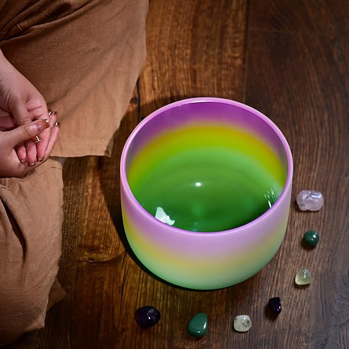 CVNC 440HZ 8 Inch Rainbow Colored B Note Crown Chakra Frosted Quartz Crystal Singing Bowl for Sound Healing and Meditation - Bloomnest