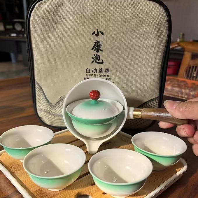 Ceramic Portable Travel Tea Set, Chinese Kungfu Tea Set with 360 Rotation Teapot and Infuser, 4 Tea Cups, Tea Tray And Travel Bag (Gradient Green)