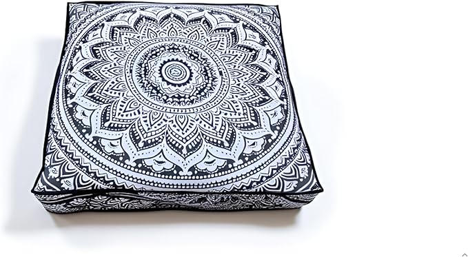 INDIAN CRAFT CASTLE ICC 24" Grey Ombre Mandala Barmeri Large Floor Pillow Cover Cushion Meditation Seating Ottoman Throw Cover Hippie Decorative Zipped Bohemian Pouf Ottoman Pom Pom Cases 24" Square - Bloomnest