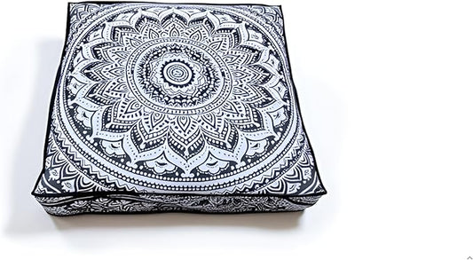 INDIAN CRAFT CASTLE ICC 24" Grey Ombre Mandala Barmeri Large Floor Pillow Cover Cushion Meditation Seating Ottoman Throw Cover Hippie Decorative Zipped Bohemian Pouf Ottoman Pom Pom Cases 24" Square - Bloomnest