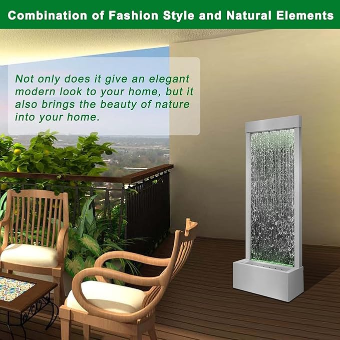 LONGRUN Mirror Waterfall Fountain Indoor, 48" Water Feature With 7 Colors Light, Self-Contained LED Kit, Large Stainless Steel Home Decor - Bloomnest