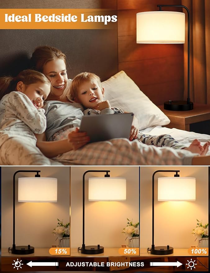 White Side Table Lamp with USB Port and Outlet, Dimmable Nightstand Bedside Lamps with Linen Lampshade, Desk Lamp for Bedroom, Living Room, Guest Room, Home Office, LED Bulb Included - Bloomnest