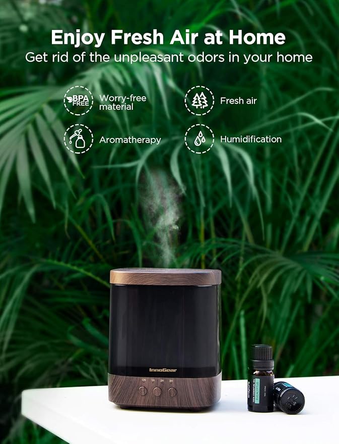 InnoGear Diffusers for Essential Oils, 300ml Oil Diffuser Aromatherapy Diffusers Aroma Ultrasonic Cool Mist Humidifier 4 Timers Color Changing Lights Auto-Off, Brown - Bloomnest