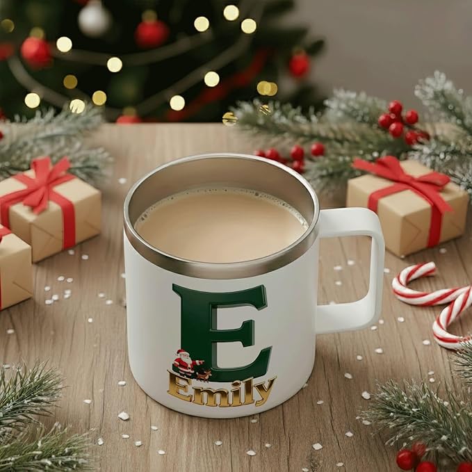Personalized Christmas Insulated Coffee Mug with Handle – Custom Dark Green Initial Letter [C] Double Wall Stainless Steel Travel Tumbler for Drinks – Unique Holiday Gift for Men, Women, & Kids(B118) - Bloomnest
