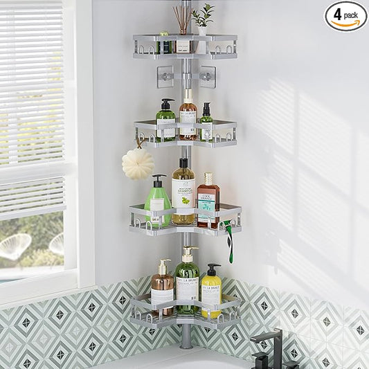 HEVEL Corner Shower Caddy Tension Pole, 4 Tier Adjustable Shower Organizer Corner 62-115 Inch, Rustproof Bathroom Shower Shelves for Bathtub Storage,Silver - Bloomnest