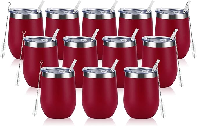 12 Pack Stainless Steel Wine Tumblers, 12Oz Double Wall Vacuum Insulated Wine Tumblers with Lids and Straws, Stainless Steel Stemless Wine Glasses for Coffee, Wine, Cocktails, Champaign, Wine Red… - Bloomnest