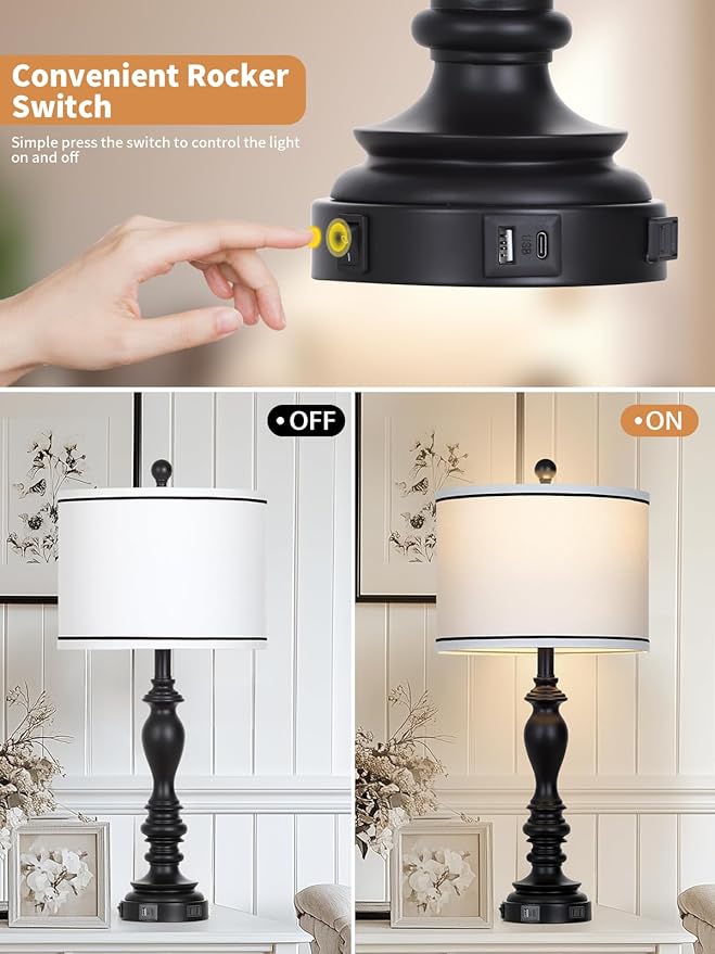 28" Set of 2 Farmhouse Table Lamps for Living room, Bedside Lamp with USB C+A Ports & AC Outlets, Black Vintage End Table Lamps for Bedrooms, Nightstand Lamps Fabric Shades Rustic 2 LED Bulbs Included - Bloomnest