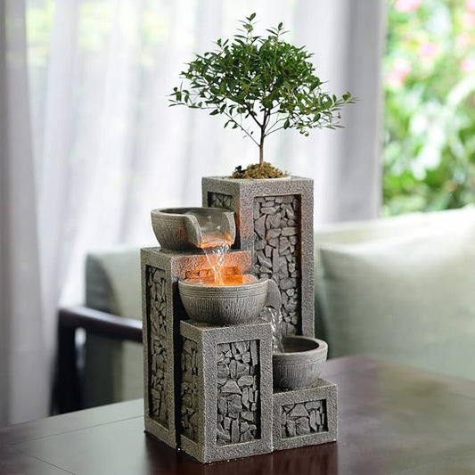 Kalona Indoor Tabletop Water Fountain – 3-Tier Resin Waterfall with LED Lights, Mini Bonsai Planter & Cascading Water Flow – Soothing Desk Fountain for Home, Office, Meditation Decor(22024) - Bloomnest