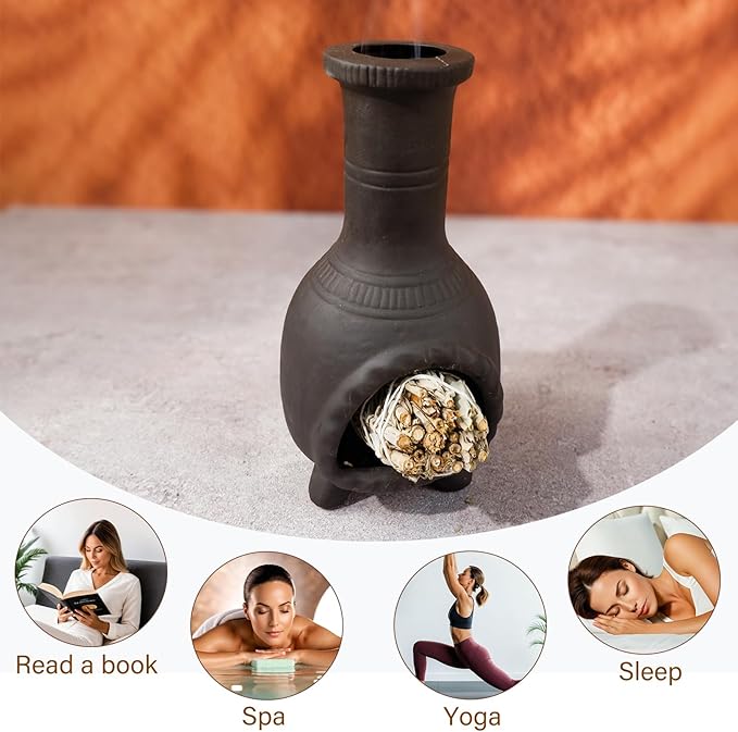 Handcrafted Palo Santo Burner–Mexican Style Clay Incense Dish for Aromatherapy and Stress Relief–Compatible with Wood Sticks, Sage,Cone Incense–Mini Home Altar with Unique Chimney Design - Bloomnest