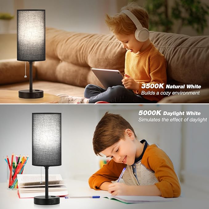 Dicoool 17Inch Tall Bedroom Lamps with USB C and A Ports 3 Color Temperatures - Pull Chain Black Nightstand Bedside Table Lamp with AC Outlet, Side Lamp for Living Room End Table - Bloomnest