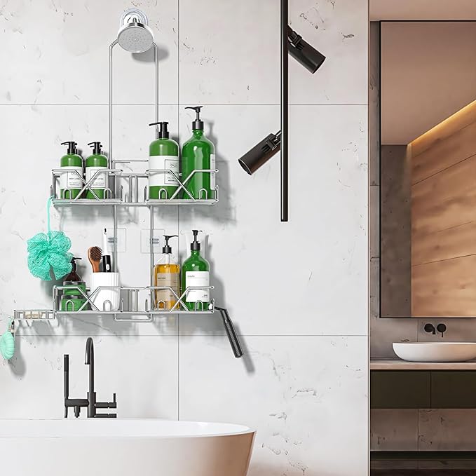 Stainless Steel Shower Caddy Hanging for Handheld Shower Heads,Rustproof Hose Shower Organizer Adjustable Length Shower Rack with 24 Hooks,Razor Holder,Soap Holder - Bloomnest