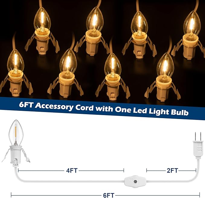 Feekoon 8 Packs 6ft Village Light Cord with 1W C7 LED Bulb, Salt Lamp Cord with ON/Off Switch and 2 Spare Fuses, Blow Mold Light Ideal for Christmas Village House Craft Decorations - Bloomnest