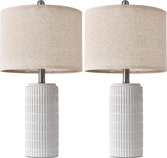 PoKat 24" Farmhouse Ceramic Table Lamps Set of 2 for Bedroom, White Stone-Like Bedside Lamps for Night Stands, Matte-Textured Decor Nightstand Table Lamps for Living Room End Table White - Bloomnest