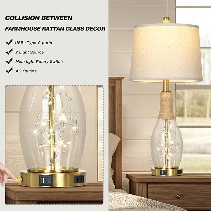 27.5" Coastal Glass Table Lamps Set of 2, Touch Control 3-Way Dimmable Modern Table Lamps with USB A+C Ports & AC Outlets, Farmhouse Rustic Boho Vintage Night Light for Living Room Bedroom Gold Ocean - Bloomnest