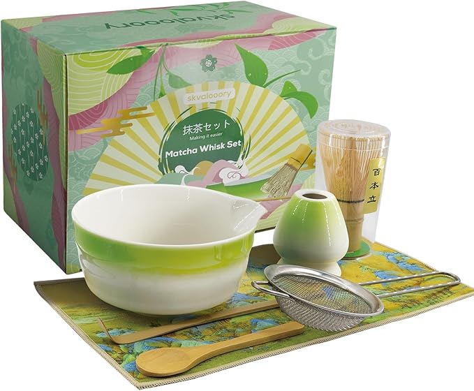 Matcha Whisk Set, 7-Pcs Matcha Set Includes Gradient Ceramic Matcha Bowl and Chasen Holder, Bamboo Whisk, Stainless Sifter, Teaspoon, Tea Towel, Spoon, Matcha Kit for Tea Lovers (Green) - Bloomnest
